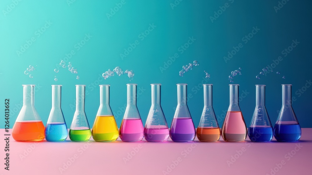Poster row of colorful liquids in test tubes arranged on a laboratory table with vibrant colors