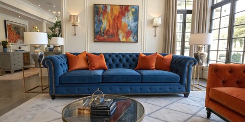 Stylish Living Room with Luxurious Blue Velvet Sofa, Orange Cushions, and Bold Abstract Art - Modern Home Interior Design Inspiration