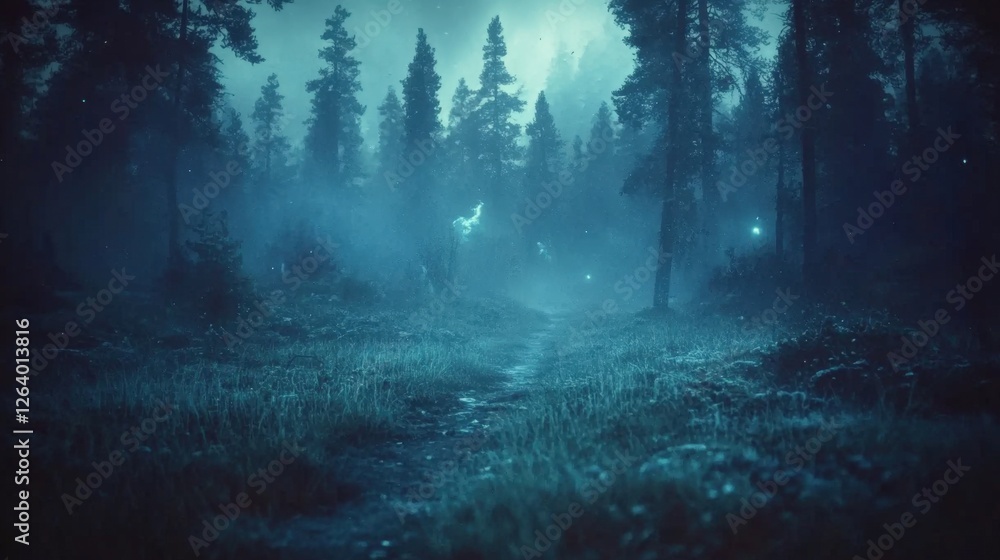 Poster serene path through a tranquil meadow with gentle grasses under soft mists at dusk