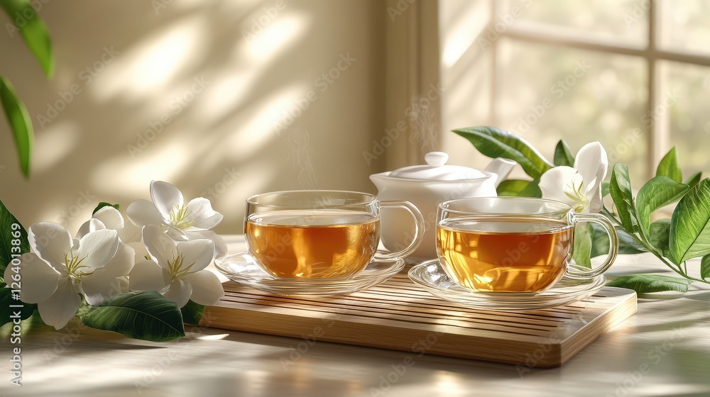Poster cup of green tea and teapot on a table with additional cups on a chopping board