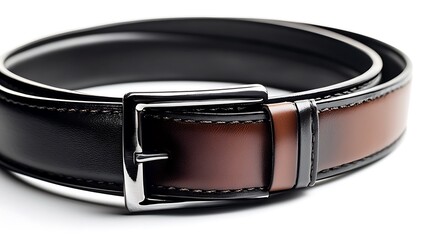 Brown and black leather belt on white background