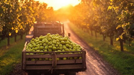 A cargo truck filled with green apples driving through an orchard, with the warm, golden light of sunset illuminating the road ahead.