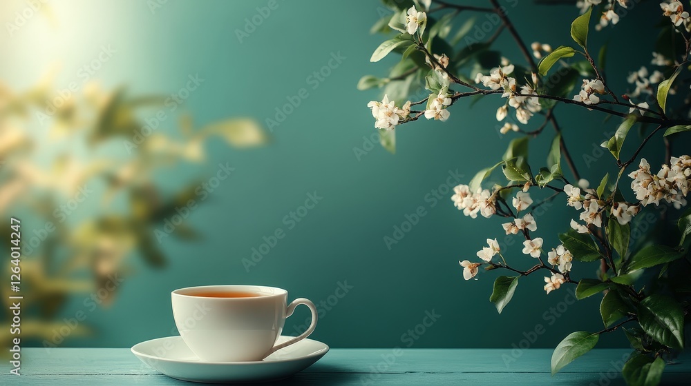 Aufkleber cup of tea on a table with copy space for text in realistic photography setting