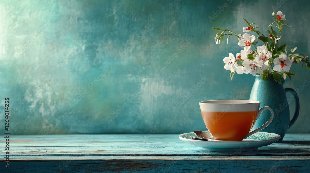 Poster tea cup with flower arrangement and empty space for text in realistic photography setting