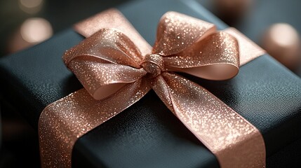 Elegant black gift box with a shimmering rose gold ribbon, surrounded by festive decorations