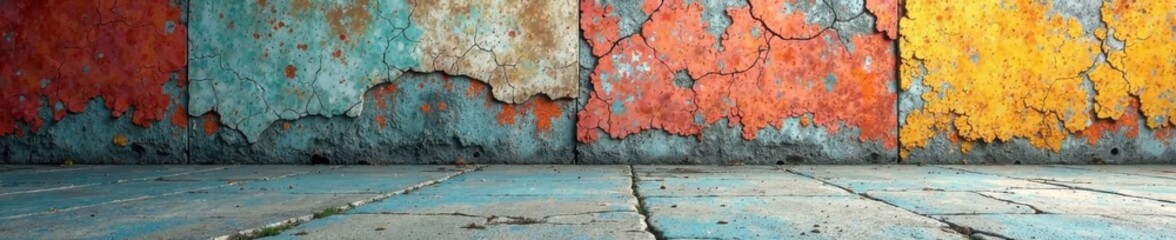 Obraz premium Weathered concrete with cracked surfaces and peeling paint, dirt, grunge, urban decay