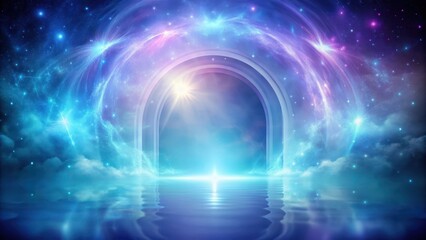 Fototapeta premium Glowing portal in magical light blue background with swirling purple and silver mist, magical portal, mystical gateway