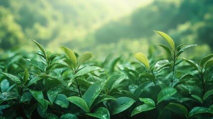 Tea leaves in the morning light at a plantation in malaysia with lush green landscape