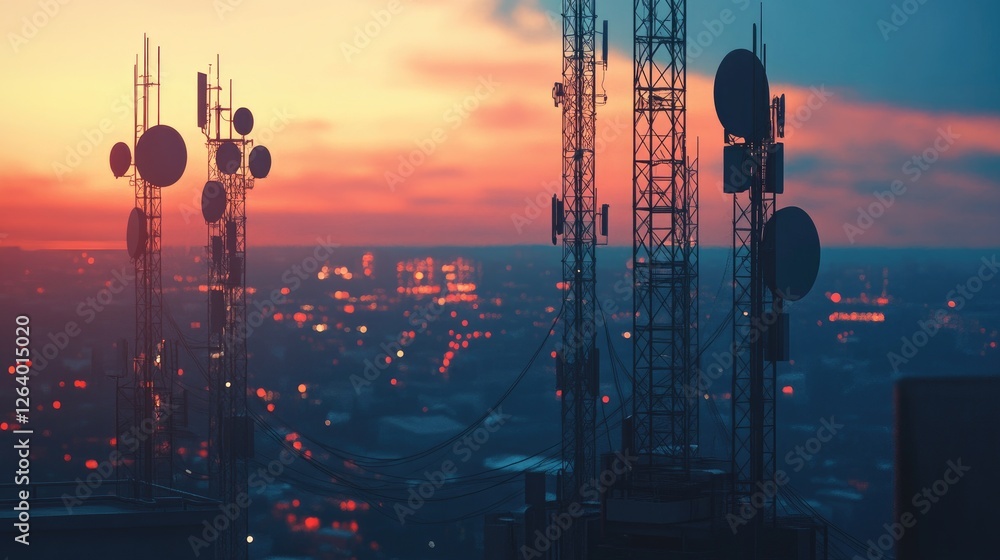 Poster a cityscape with telecommunication towers, networking lines, and a digital network, symbolizing the 