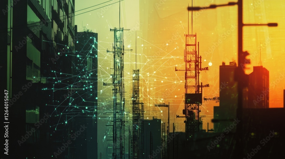 Aufkleber a cityscape with telecommunication towers, networking lines, and a digital network, symbolizing the 