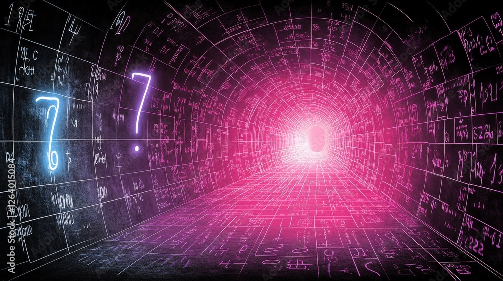 Poster abstract tunnel of light with colorful mathematical symbols and equations in a gigapixel image