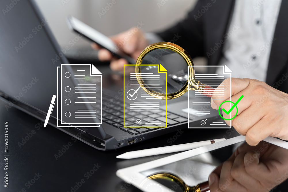 Poster electronic document check and data information searching online, files manager concept.