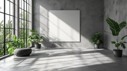 Modern minimalist interior with empty canvas, plants, and natural light streaming in