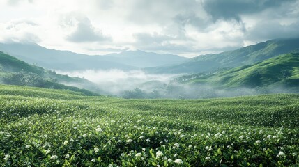 Field of colorful flowers with mountains in the background under clear blue sky