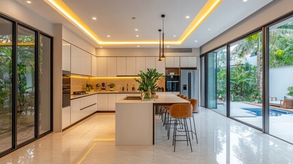 Fototapeta premium Modern kitchen, island, tropical view, luxury home, design