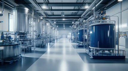 Fototapeta premium Modern factory interior; large tanks, sterile production, industrial background, pharmaceutical use
