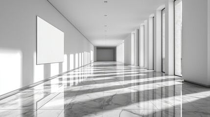 Modern minimalist gallery interior with marble flooring and natural light casting shadows