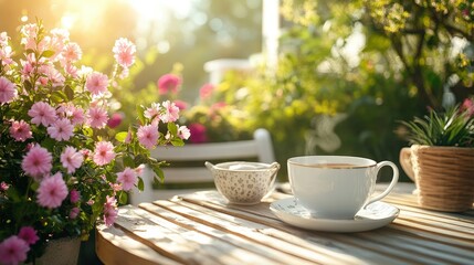 Teapot and teacup on table with coffee and flowers in garden setting outdoors