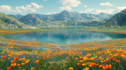 Vibrant landscape featuring a serene lake surrounded by colorful wildflowers and mountains