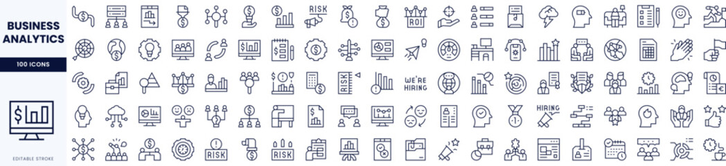 Set of business analytics icons featuring various themes in a modern, minimalist design.