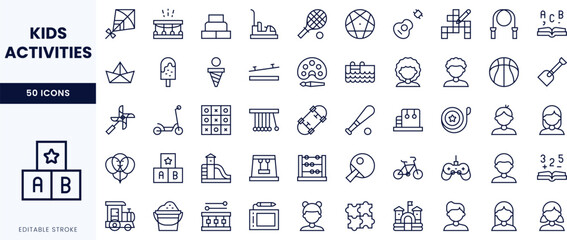 An array of icons illustrating diverse kids' activities, featuring playful designs in a minimalist style.