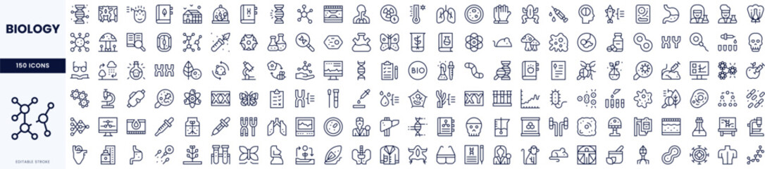 A comprehensive collection of biology-related vector icons, showcasing various elements like DNA, cells, and ecosystems.