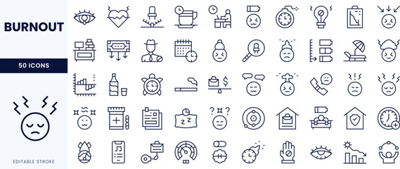 A collection of burnout-related icons in a minimalist design featuring various symbols for stress, fatigue, and self-care.