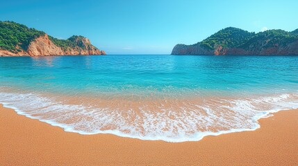 Serene beach scene with turquoise water, golden sand, and lush green hills under a clear sky