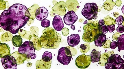 Abstract colorful liquid blobs, vibrant colors, microscopic view, scientific study, possible use as a background or scientific display