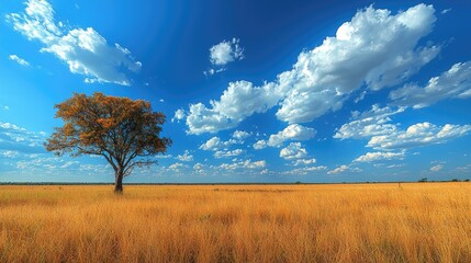Majestic solitary tree stands in golden grassland under a vibrant blue sky with clouds