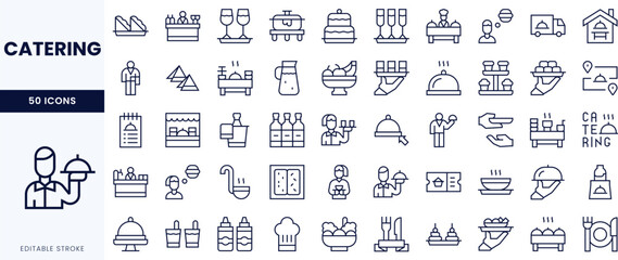 A collection of line icons representing various catering elements, featuring food, service, and event themes.