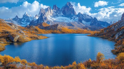 Majestic mountain landscape with vibrant autumn foliage reflecting in a serene lake under a blue sky