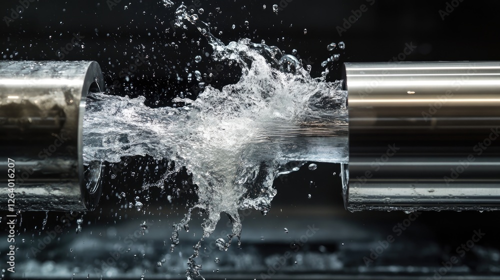 Poster A close-up of a metallic pipe ejecting water with force, splashing against a dark background, showcasing the dynamic flow of liquid in an industrial setting.