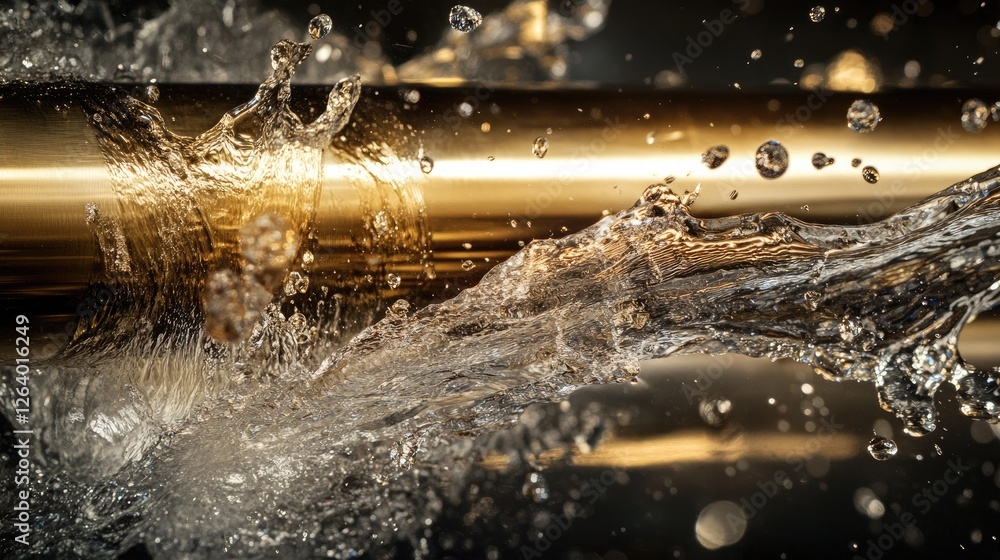Poster a close-up of a metallic pipe forcefully discharging water, creating dramatic splashes against a dar