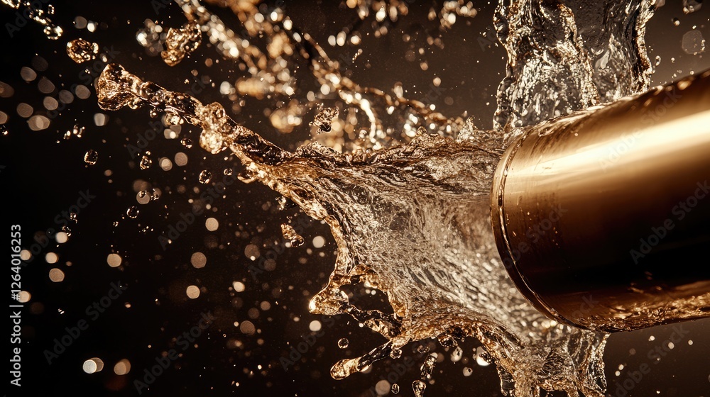 Aufkleber a close-up of a metallic pipe ejecting water with force, splashing against a dark background, showca