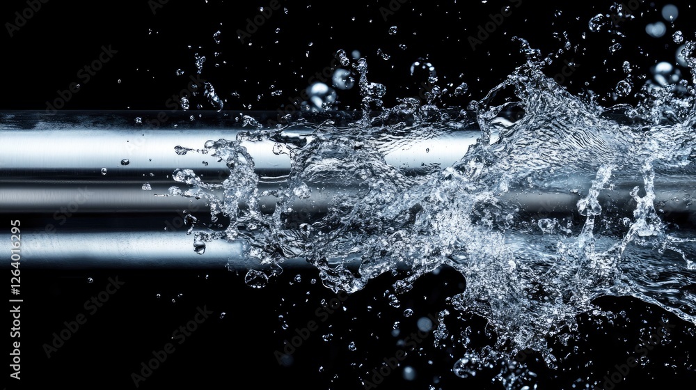 Poster a close-up of a metallic pipe forcefully discharging water, creating dramatic splashes against a dar