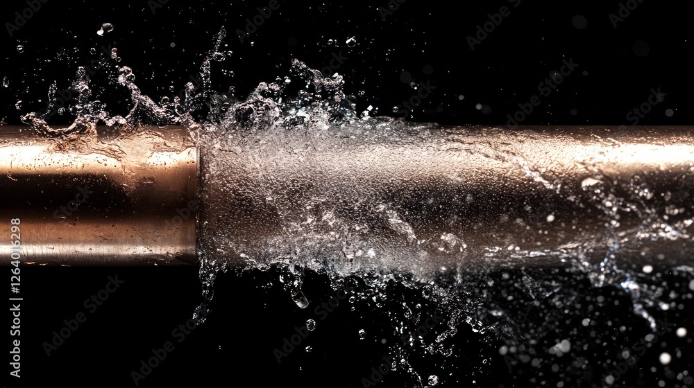 Poster a close-up of a metallic pipe forcefully discharging water, creating dramatic splashes against a dar