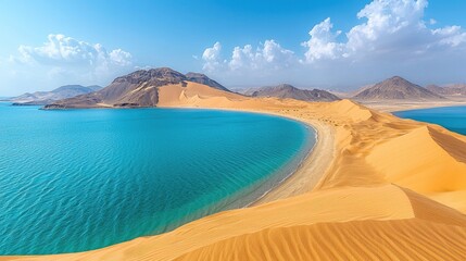 Serene desert landscape with golden dunes meeting turquoise waters under a clear blue sky