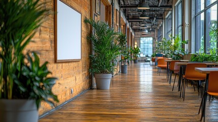 Modern interior of a spacious coworking space with wooden walls and green plants, showcasing a vibrant atmosphere