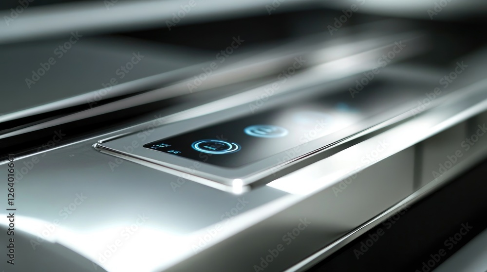 Poster a close-up of a modern silver tech device, with a sleek digital interface and a polished, minimalist