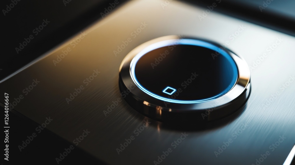 Poster a close-up of a modern silver tech device, with a sleek digital interface and a polished, minimalist