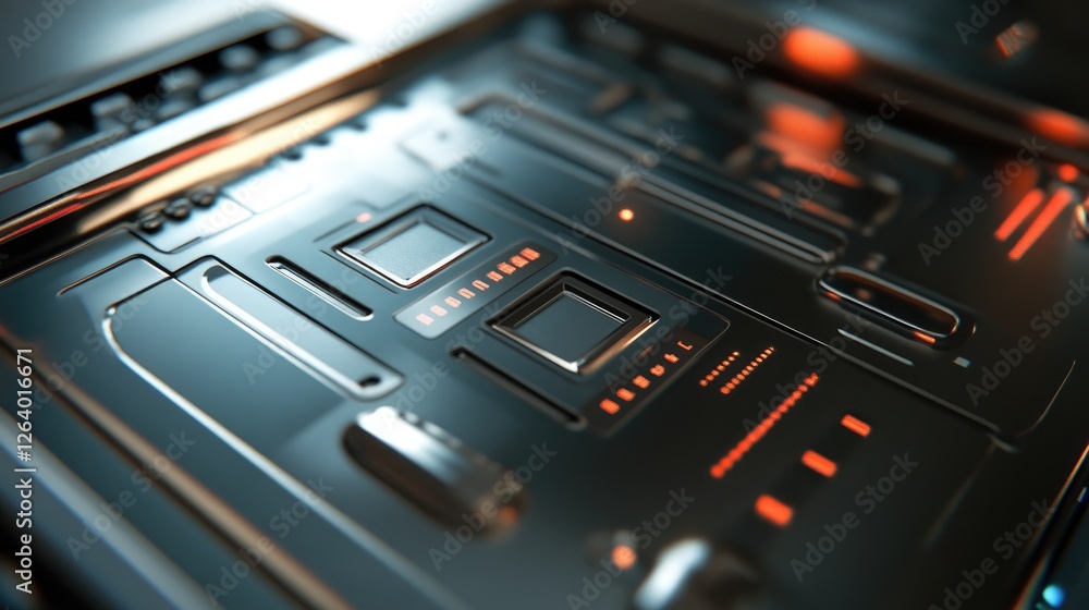 Poster a close-up of a modern silver tech device, with a sleek digital interface and a polished, minimalist