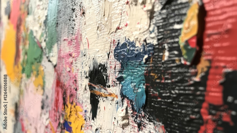 Poster A close-up of a painting with an irregular grid, where rough brushwork and textures create an emotional, artistic chaos.