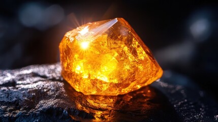 A glowing orange diamond shining brightly on a dark surface, radiating warmth and light from every angle.