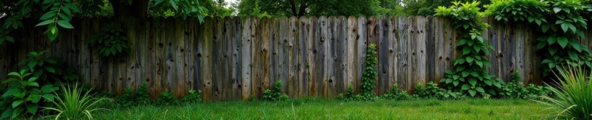Fototapeta premium Weathered wooden fence with overgrown vegetation, rough, wood,