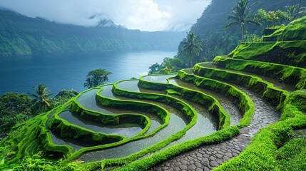 Lush terraced rice fields by a serene lake under a cloudy sky, showcasing vibrant green landscapes