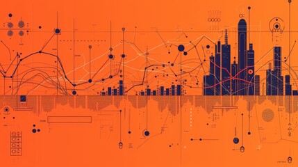 A digital futuristic city skyline combined with abstract data visualizations, network connections, and graphs, set against an orange gradient background. AI generated.