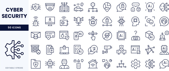 A collection of line icons representing cyber security concepts, including data protection and network security.