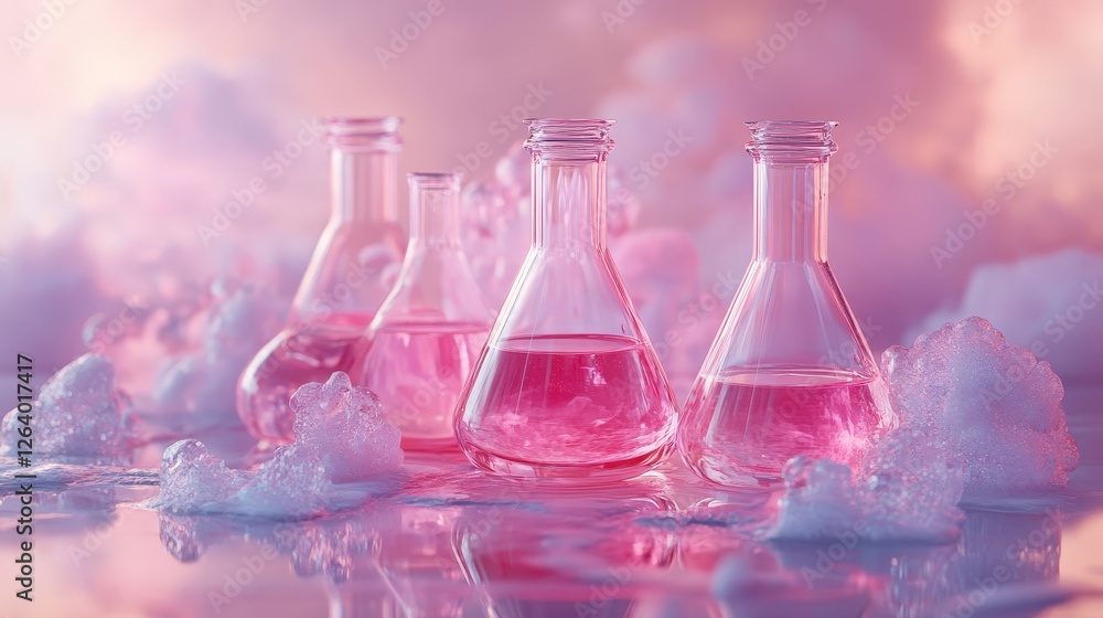 Poster group of glass bottles and flasks filled with colorful liquids on a laboratory table