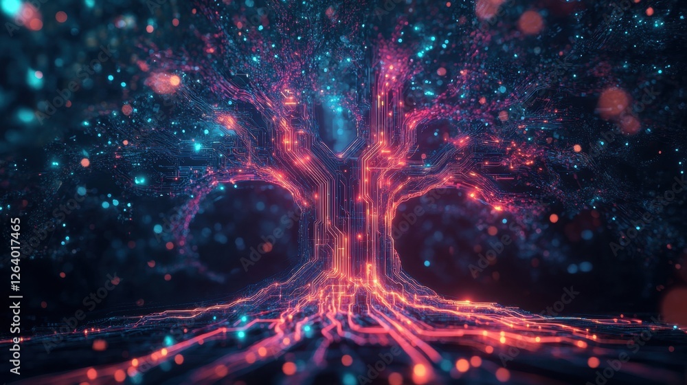 Poster a glowing tree design with neon circuit board patterns, branches shimmering against a dark backgroun